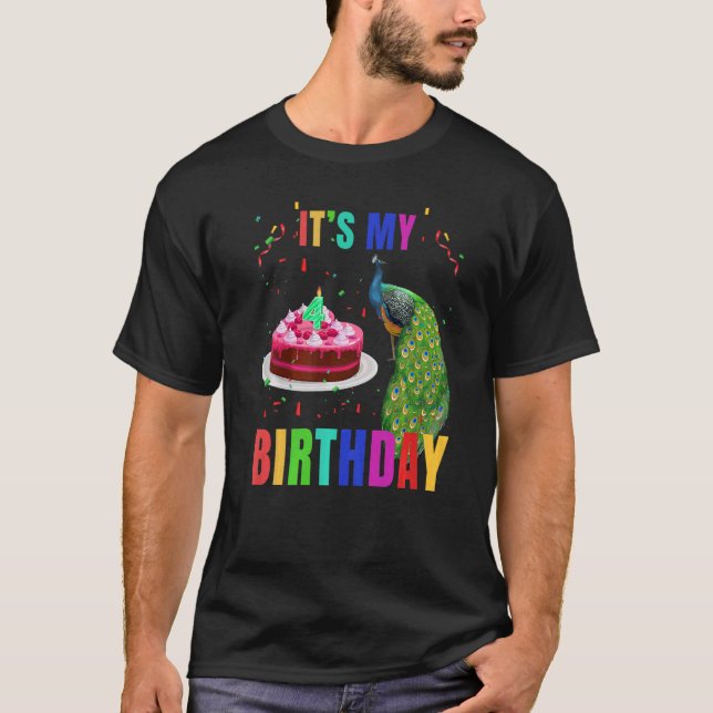 Camiseta Pavão 4.o Aniversário Aves Cudas Gráfico de Animai (Frente)