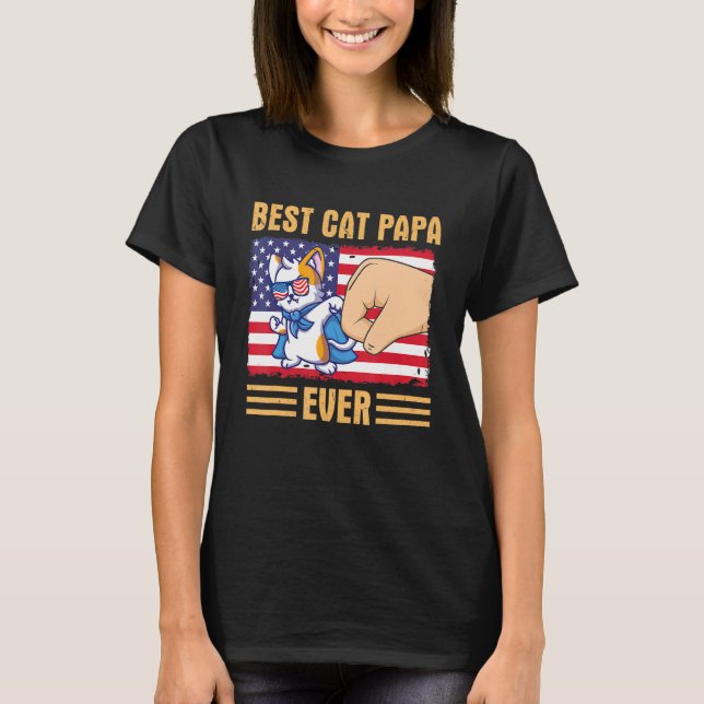 Camiseta Paw Touching Hand US Flag America Best Cat Papa Ev (Frente)