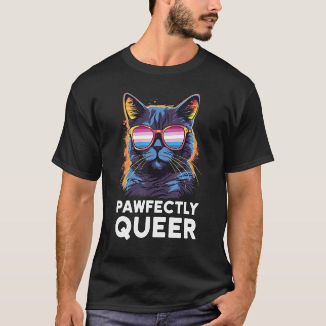 Camiseta Pawfectly Queer  Cat With Sunglasses Bigender Prid (Frente)