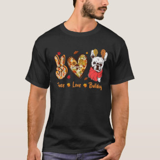 Camiseta Paz Amor Bulldog outono Sai Ação de Graças