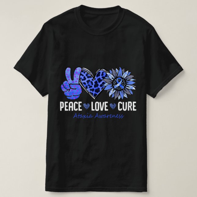 Camiseta Paz Amor Cura Ataxia Consciência Mês Azul Sunflo (Frente do Design)