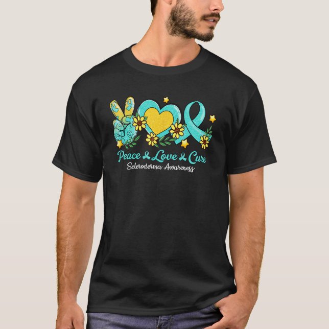 Camiseta Paz Amor Cura Fita Teal Ribbon Scleroderma Sensibi (Frente)