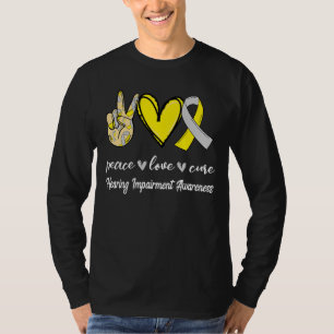 Camiseta Paz Amor Curto Imparidade Auditiva Silver e Amarel