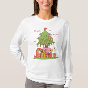 Camiseta Paz, Amor e Alegria - Bela Árvore de Natal Retro