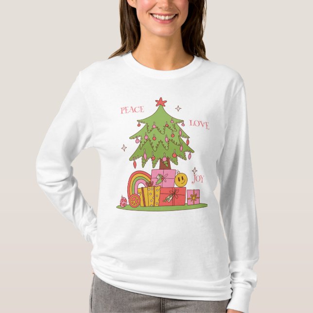 Camiseta Paz, Amor e Alegria - Bela Árvore de Natal Retro (Frente)