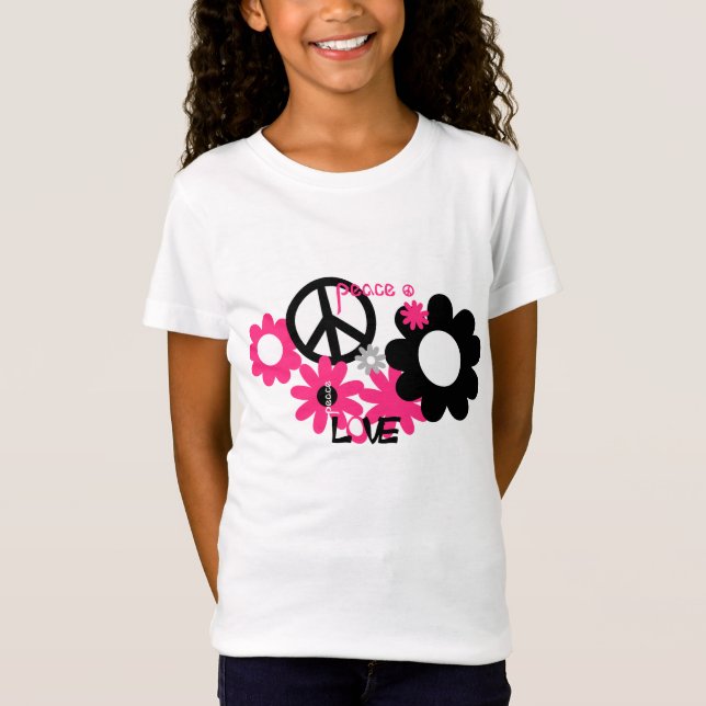 Camiseta Paz, Amor e Flores, rosa quente e preto (Frente)
