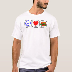 Camiseta Paz, Amor e Hambúrgueres
