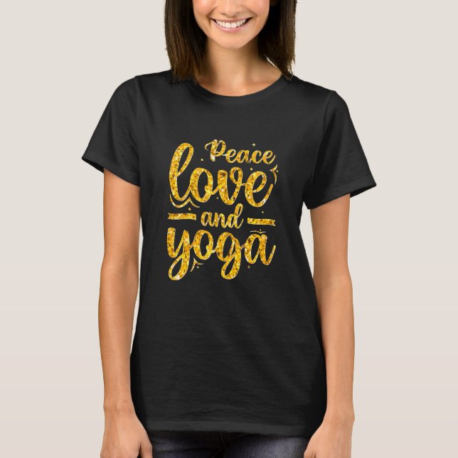 Camiseta Paz, amor e ioga Dourados em preto (Frente)