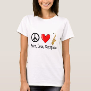 Camiseta Paz, amor, e saxofone