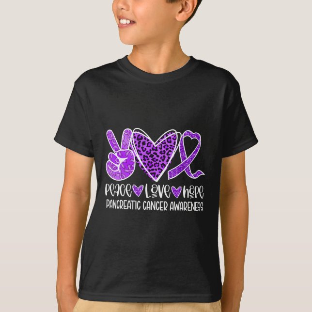 Camiseta Paz Amor Esperança Leopardo Câncer de pâncreas A (Frente)