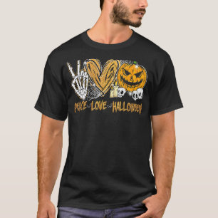 Camiseta Paz Amor Halloween Assustador Pumpkin Skull Spider