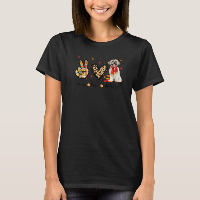 Camiseta Paz Amor Shih Tzu Cachecol Leopardo Outono Do Que (Frente)