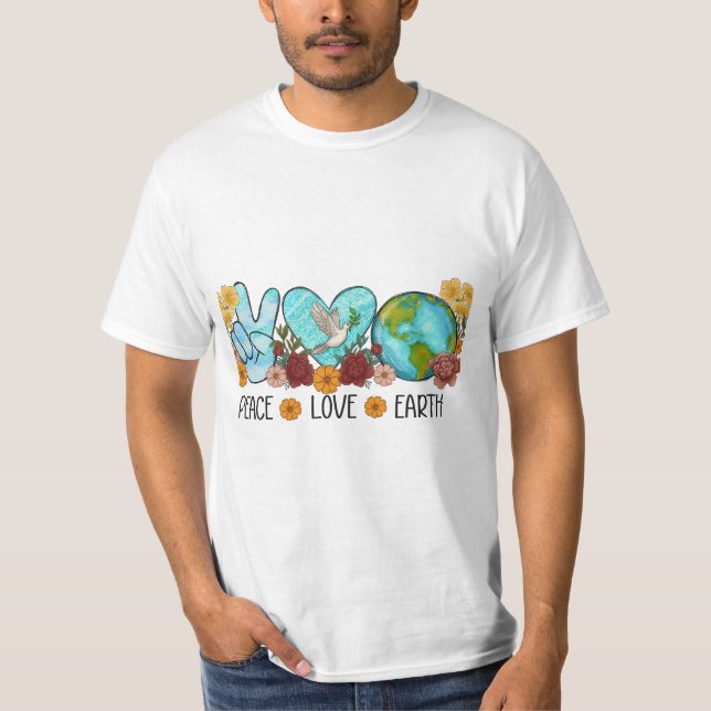 Camiseta Paz, Amor, Terra - Um Homenagem Floral à Unidade (Frente)
