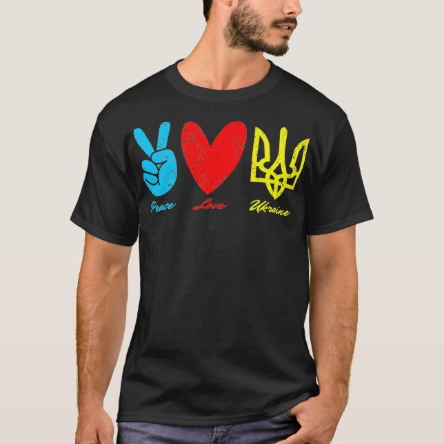 Camiseta Paz, Amor, Ucrânia, Bandeira Ucraniana, Eu Fico Co (Frente)