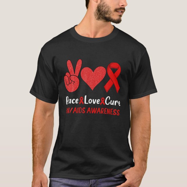 Camiseta Paz e Amor Cura Dia Mundial da AIDS/HIV Sensibiliz (Frente)