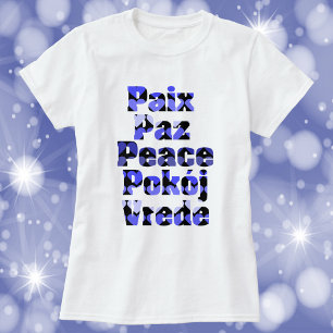 Camiseta Paz em Muitos Idiomas Corações Azuis