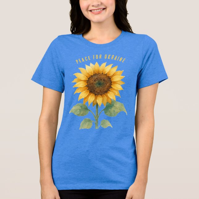 Camiseta Paz para a Ucrânia. Símbolo de paz girassol. (Frente)