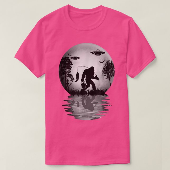 Camiseta Pé-Grande A Pescar Sasquatch Engraçado Na Lua Para (Frente do Design)