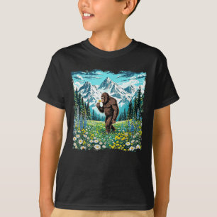 Camiseta Pé-grande caminha em floresta de campo de flores s