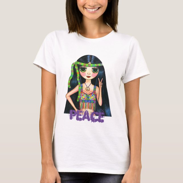 Camiseta Peace Hippie Girl com colete e banda larga (Frente)