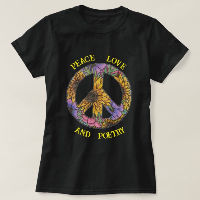 Camiseta Peace Love And Poetry T Shirt Floral Peace Sign (Frente do Design)