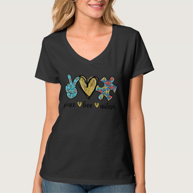 Camiseta Peace Love Autism Peace Heand Heart Quebra-cabeça  (Frente)