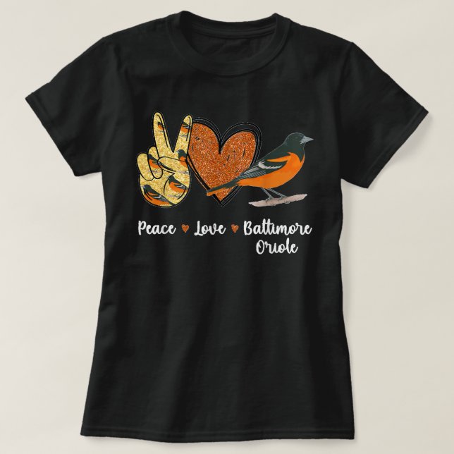 Camiseta Peace Love Baltimore Oriole Bird (Frente do Design)