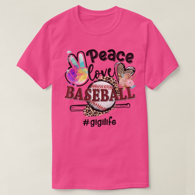 Camiseta Peace Love Baseball Gigi Life Mom Grandma Leopard  (Frente do Design)