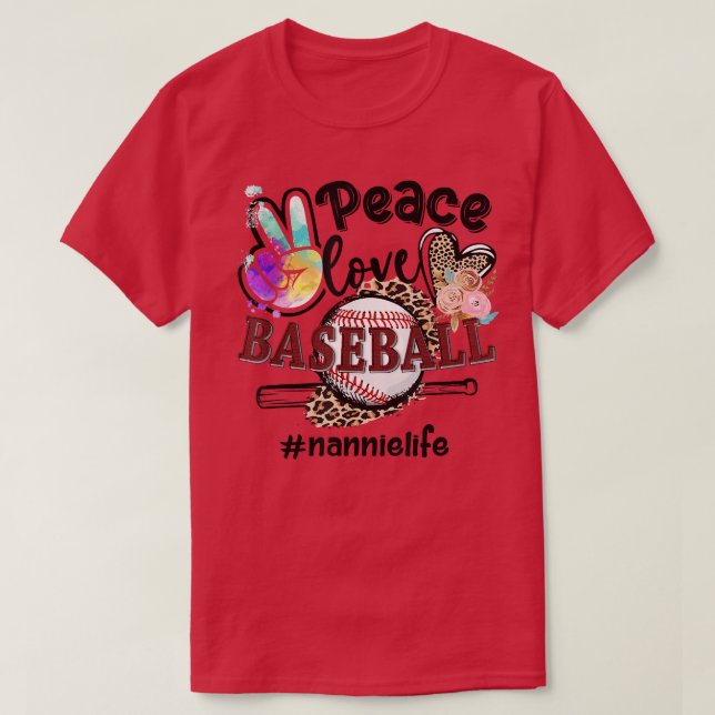 Camiseta Peace Love Baseball Nannie Life Mãe Avó Leopar (Frente do Design)