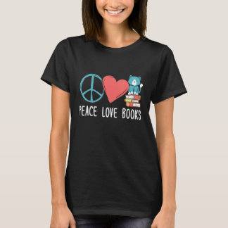 Camiseta Peace Love Books And Cats Reading Cat & Book