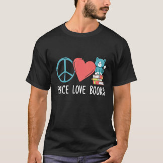 Camiseta Peace Love Books And Cats Reading Cat & Book