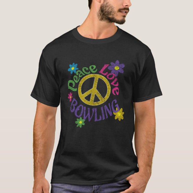 Camiseta Peace Love Bowling  Distressed Flower Power Hippie (Frente)