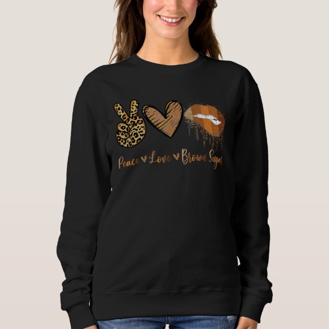 Camiseta Peace Love Brown Sugar Leopard Hand Heart And Lips (Frente)