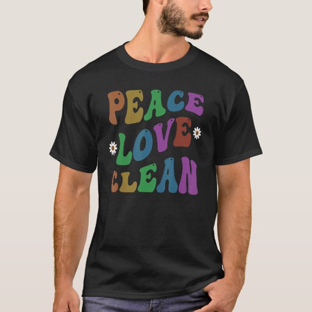 Camiseta PEACE LOVE CLEAN Retro Custodian Groovy School (Frente)