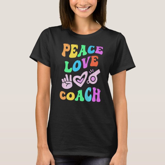 Camiseta PEACE LOVE COACH Retro Trainer Groovy De Volta Par (Frente)