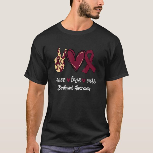 Camiseta Peace Love Cure Birthmark Burgundy Ribbon Awarenes (Frente)
