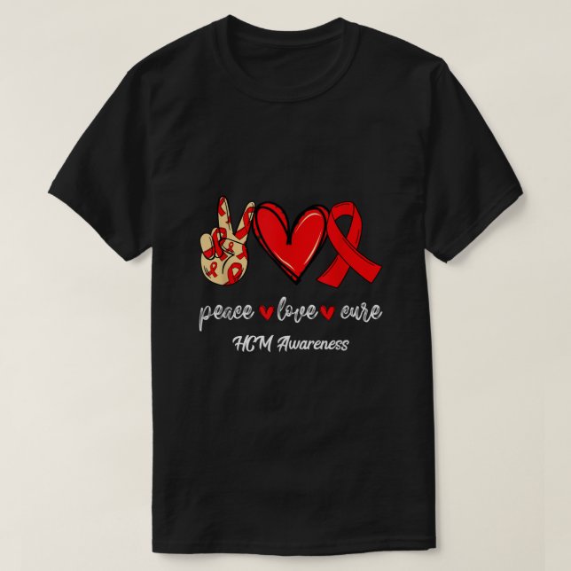 Camiseta Peace Love Cure Cardiomiopatia Hipertrófica HCM Aw (Frente do Design)