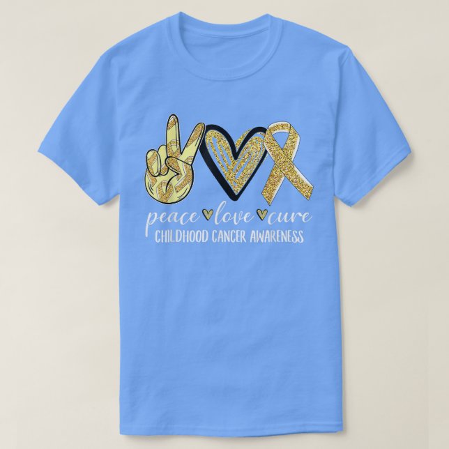 Camiseta Peace Love Cure Chilhood Cancer Awarness Dourado R (Frente do Design)