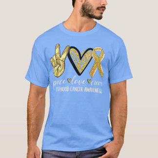Camiseta Peace Love Cure Chilhood Cancer Awarness Dourado R