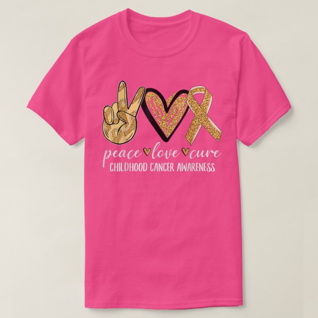 Camiseta Peace Love Cure Chilhood Cancer Awarness Dourado R (Frente do Design)