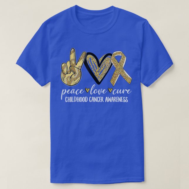 Camiseta Peace Love Cure Chilhood Cancer Awarness Dourado R (Frente do Design)