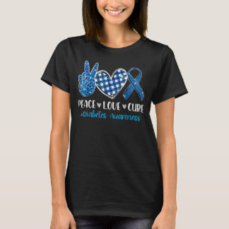 Camiseta Peace Love Cure Cinza Blue Ribbon Diabetes Awarene