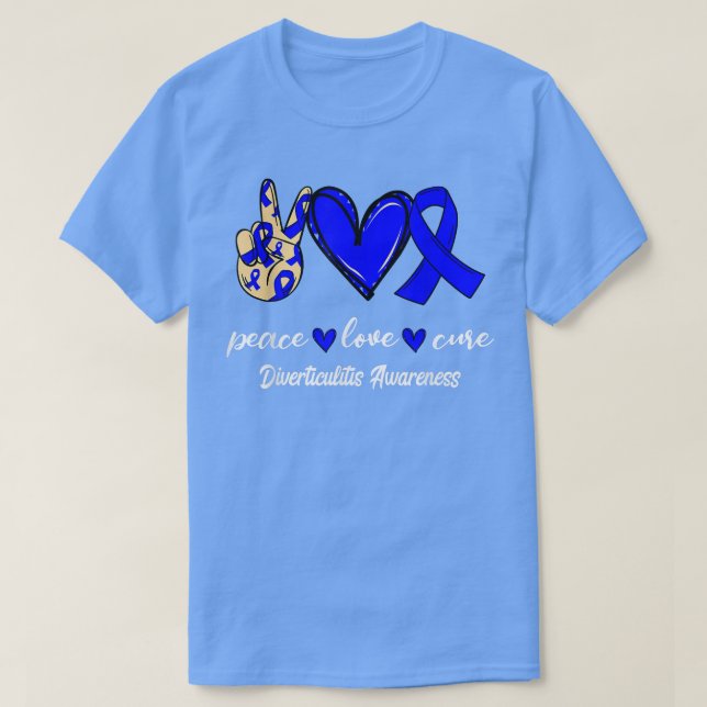 Camiseta Peace Love Cure Diverticulitis Blue Ribbon Awarene (Frente do Design)