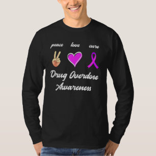 Camiseta Peace Love Cure Drug Purple Ribbon Overdose Awaren