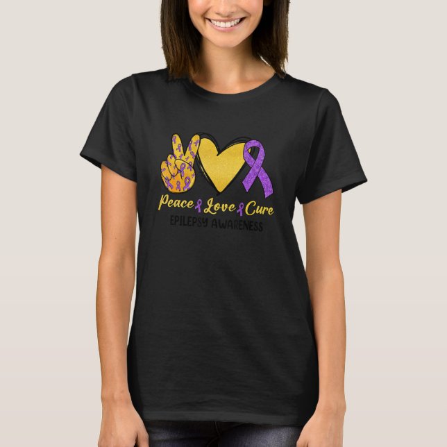 Camiseta Peace Love Cure Epilepsy Awareness Month Purple Ri (Frente)