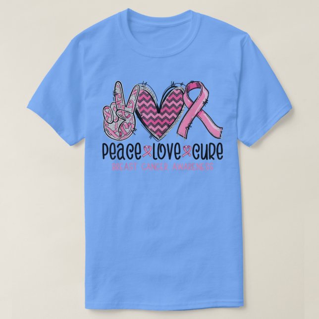 Camiseta Peace Love Cure Pink Ribbon Cancer Breast Awarenes (Frente do Design)