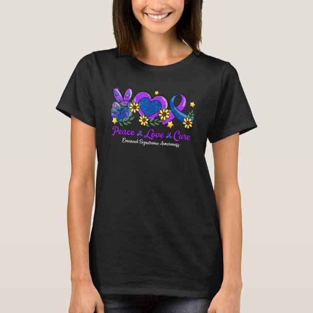 Camiseta Peace Love Cure Purple Blue Ribbon Synrom (Frente)