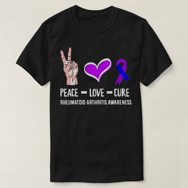 Camiseta Peace Love Cure Rheumatoid Artrite Warrior & Awa (Frente do Design)