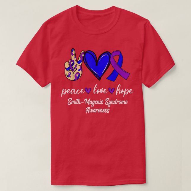 Camiseta Peace Love Cure Smith-Magenis Syndrome Purple Blue (Frente do Design)