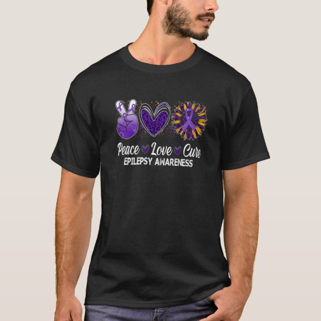 Camiseta Peace Love Cure Sunflower  Epilepsy Awareness Warr (Frente)